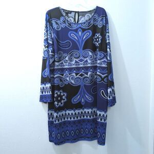 INC International Concepts Blue Dress with Print Pattern, Long Sleeves Womens 2X